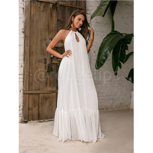 White Flowy Halter Cutout Maxi Flared Dress Backless Open Back - Picture 3 of 12
